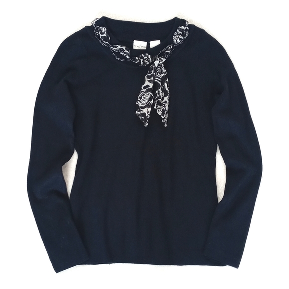Emma James Sweaters - Emma James Nylon Rayon Deep Navy Blue Long Sleeve Sweater Silk Beaded Bow Trim S